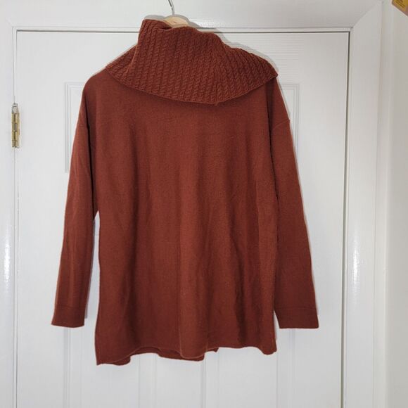 Ellen Tracy 100% Extrafine Merino Wool Leather Buckle Brown Cowlneck Cardigan  M - Picture 2 of 12